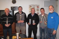 07-02-2012, Nogle afg pokalvinderne som blev hyldet på generalforsamlingen den 7. februar 2012. Fra vesntre Jens O. jensen, Kurt Nierlsen, Jørgen Christensen, Morten Kantsø og Gorm Siiger.